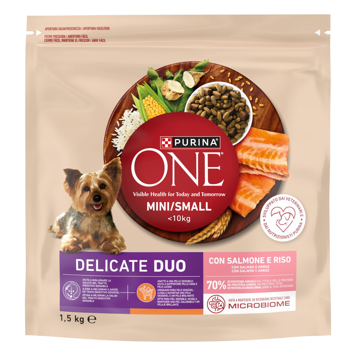 PURINA ONE® MINI/SMALL < 10kg Delicate Con Salmone e Riso