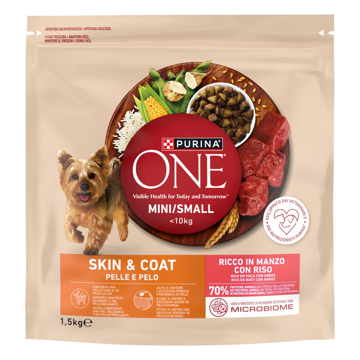 PURINA ONE® MINI/SMALL&nbsp;< 10kg Pelle e Pelo&nbsp;Ricco in Manzo con Riso