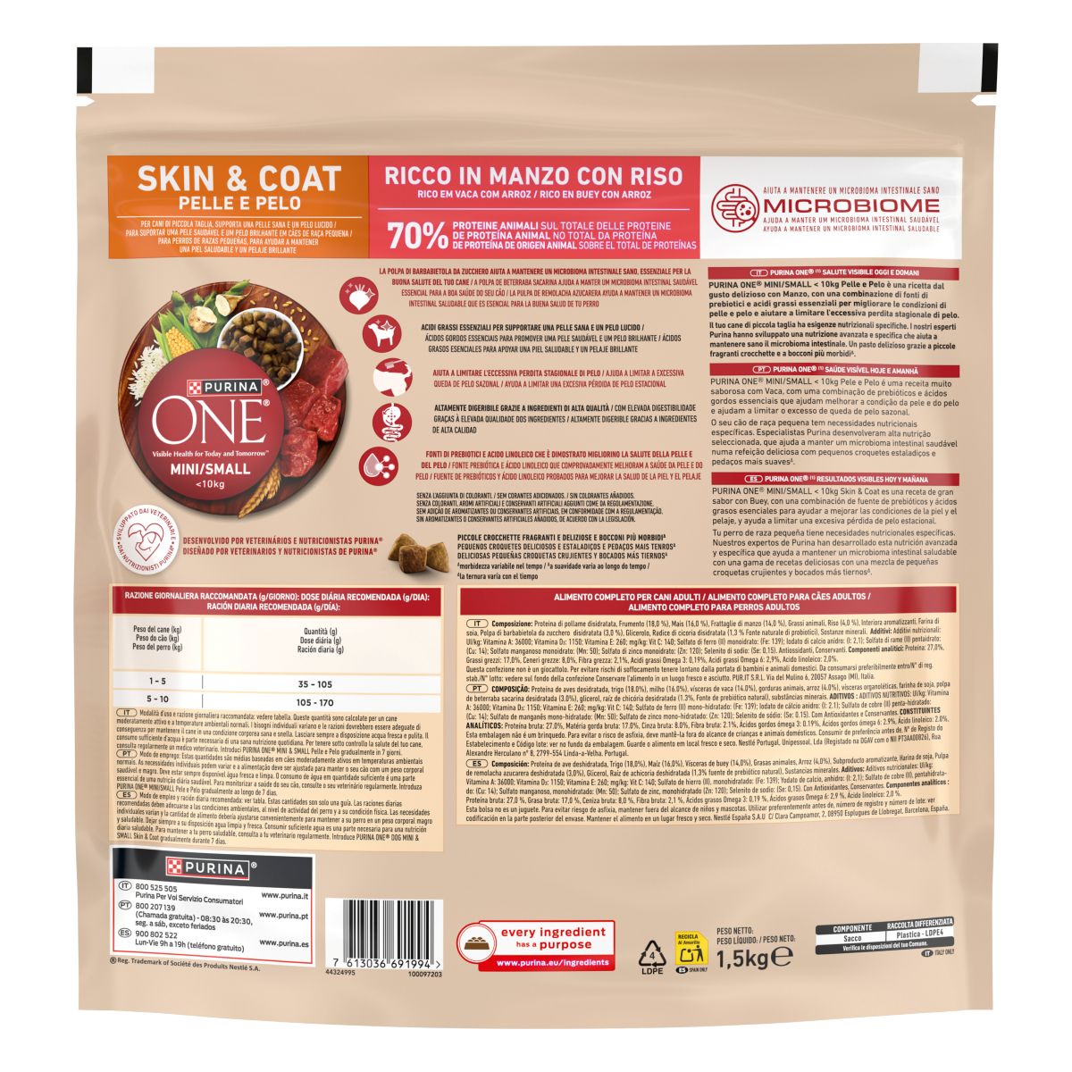 PURINA ONE® MINI/SMALL&nbsp;< 10kg Pelle e Pelo&nbsp;Ricco in Manzo con Riso