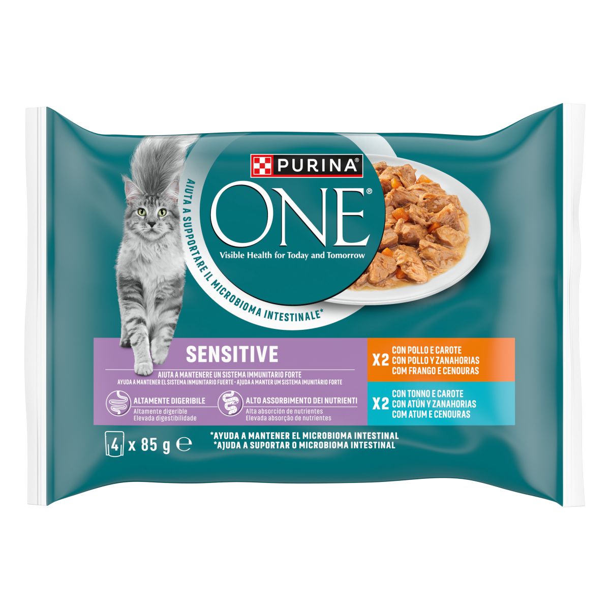 PURINA ONE® SENSITIVE filettini in salsa con Pollo e Carote, Tonno e Carote