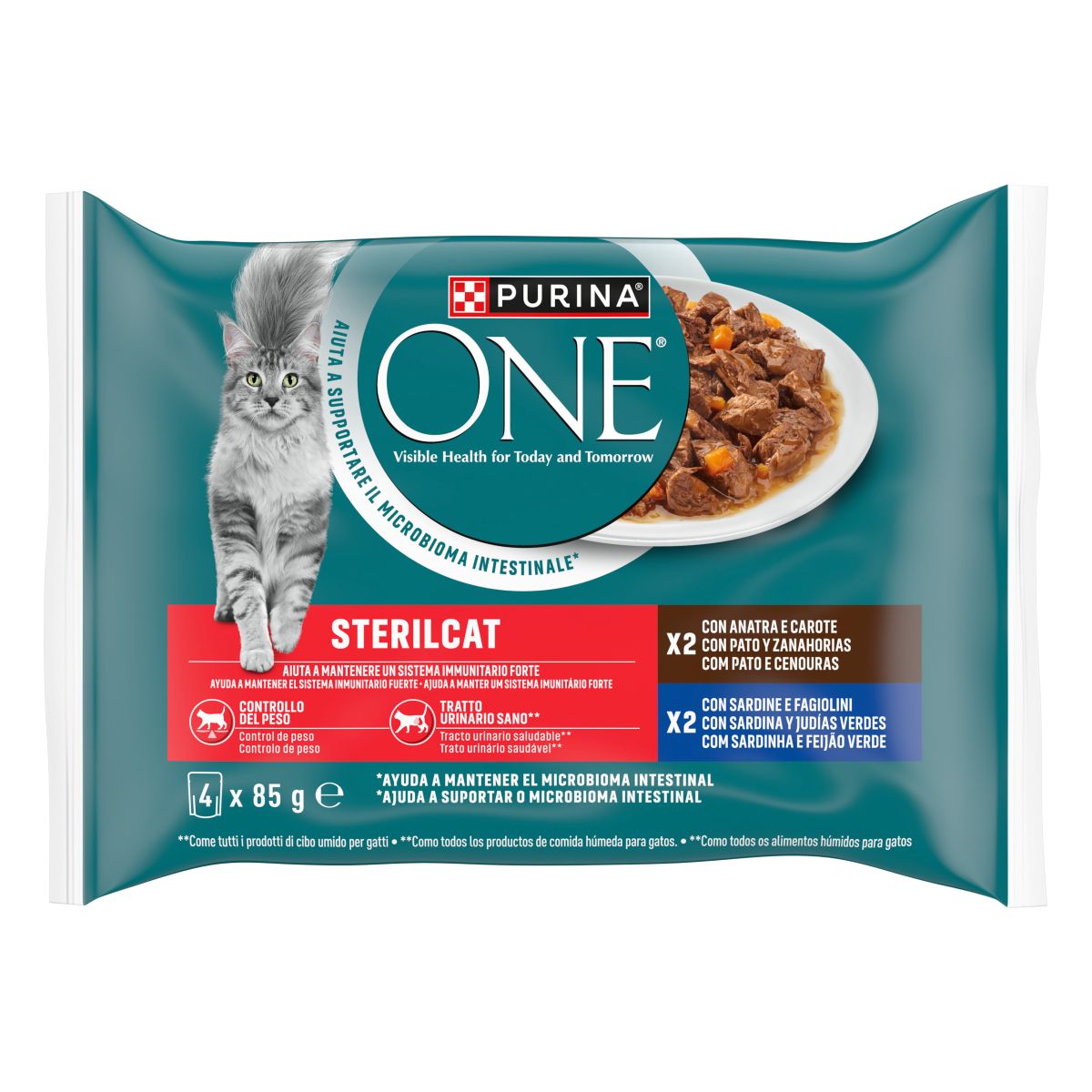 Cibo umido per gatto sterilizzato – Purina ONE® Sterilcat Filettini in salsa con Anatra e Sardine 4x85 g