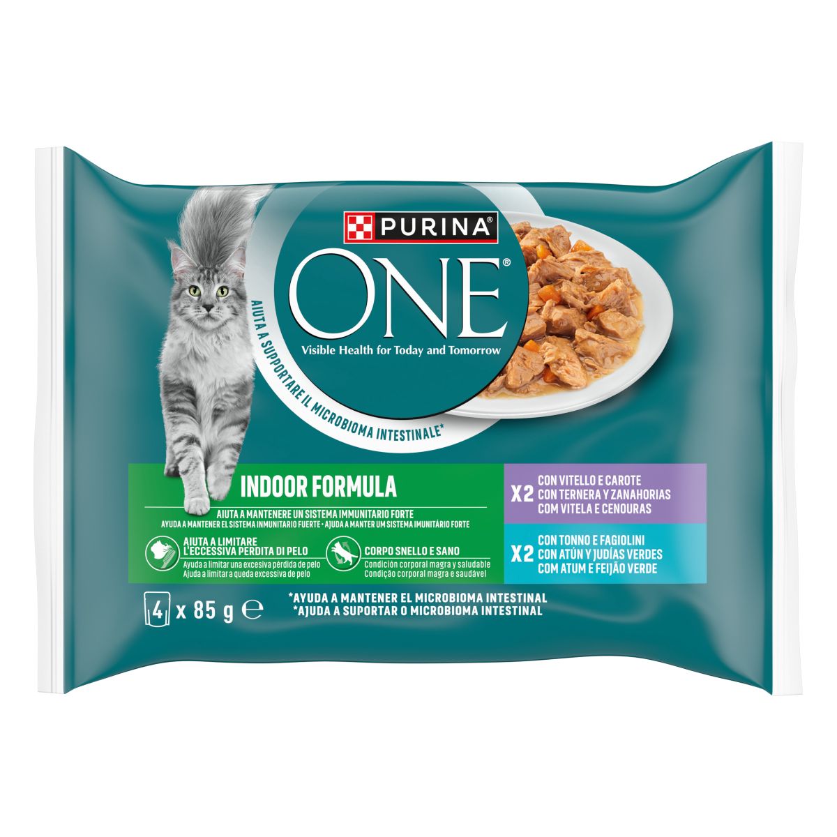 Cibo umido per gatto indoor – Purina ONE® Filettini in salsa con Vitello e Tonno 4x85 g