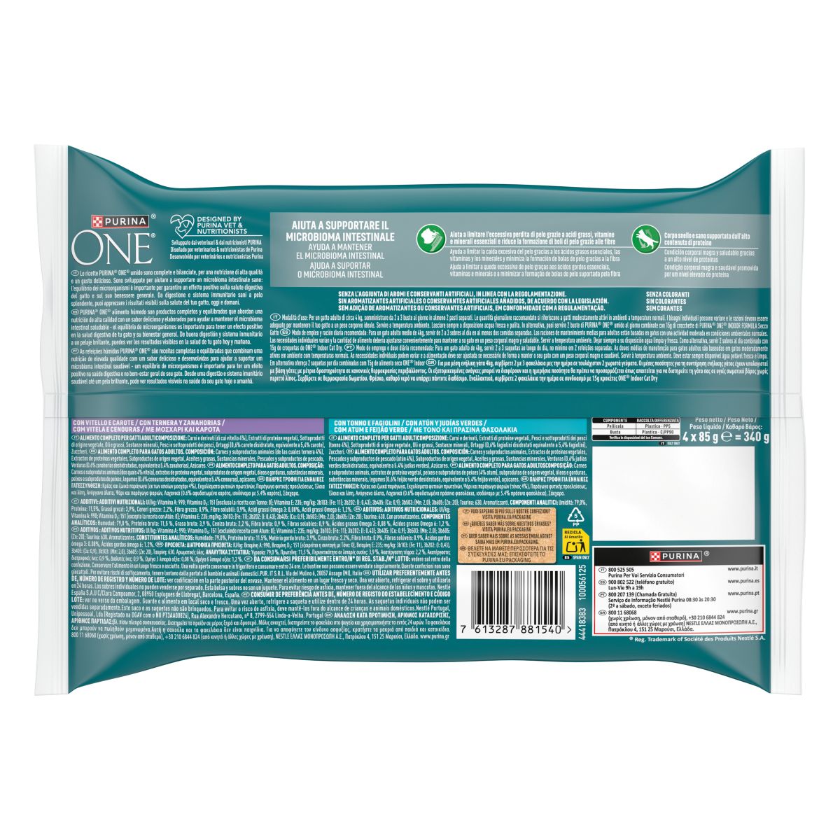 Cibo umido per gatto indoor – Purina ONE® Filettini in salsa con Vitello e Tonno 4x85 g