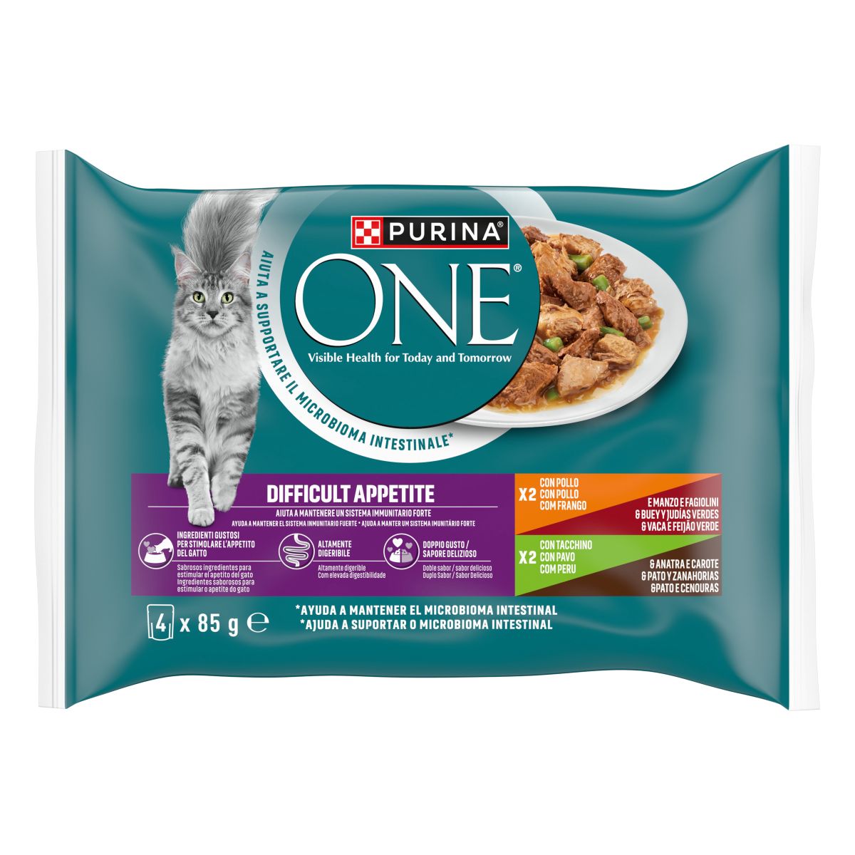 PURINA ONE® Appetito Difficile Filettini in Salsa con Pollo e Manzo, Tacchino e Anatra