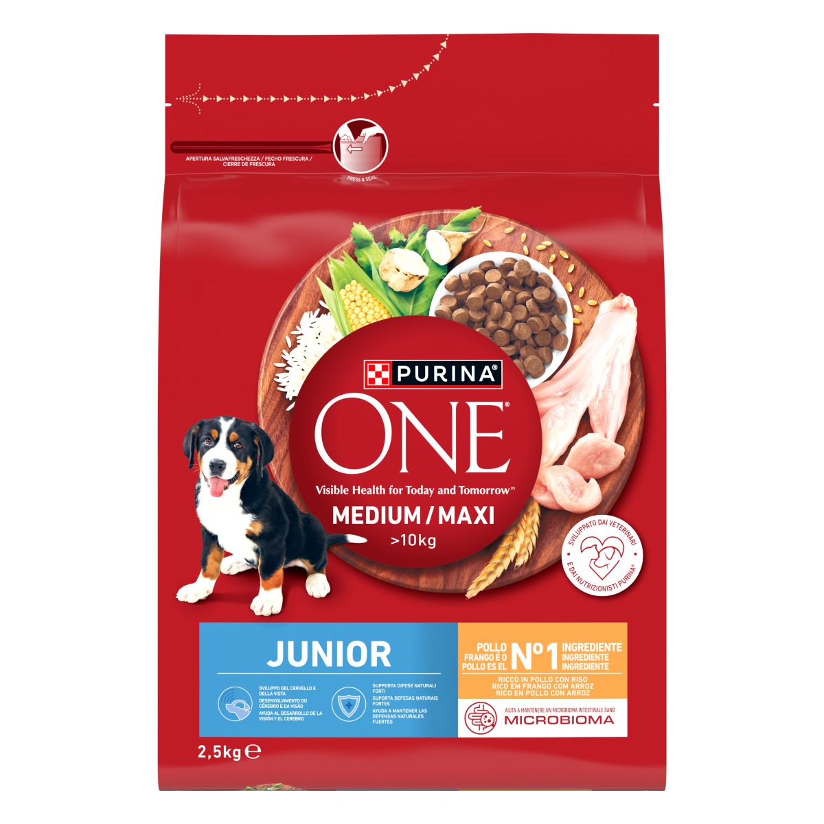 PURINA ONE®&nbsp;Medium / Maxi&nbsp;> 10kg&nbsp;Junior Ricco in&nbsp;Pollo con Riso