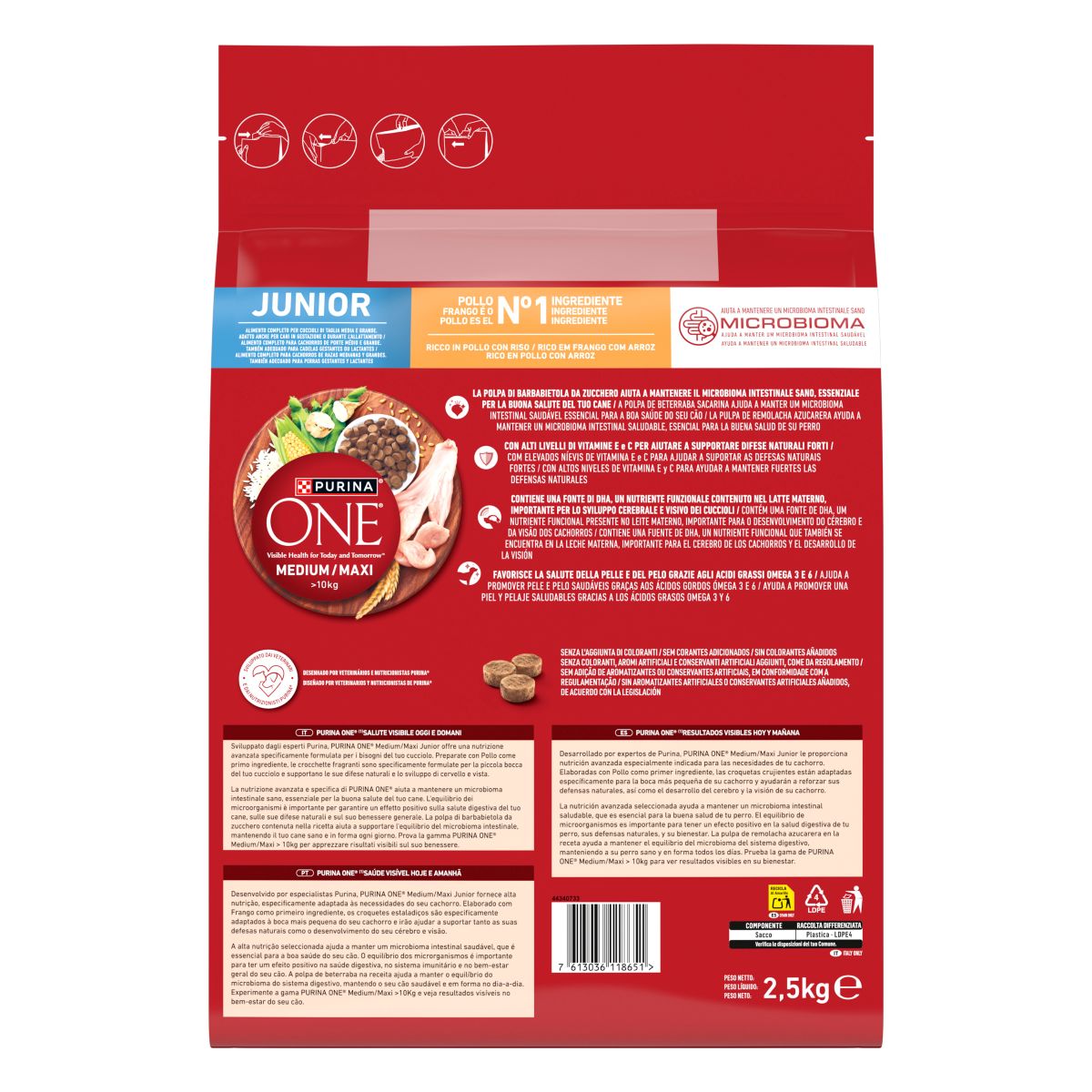 PURINA ONE®&nbsp;Medium / Maxi&nbsp;> 10kg&nbsp;Junior Ricco in&nbsp;Pollo con Riso