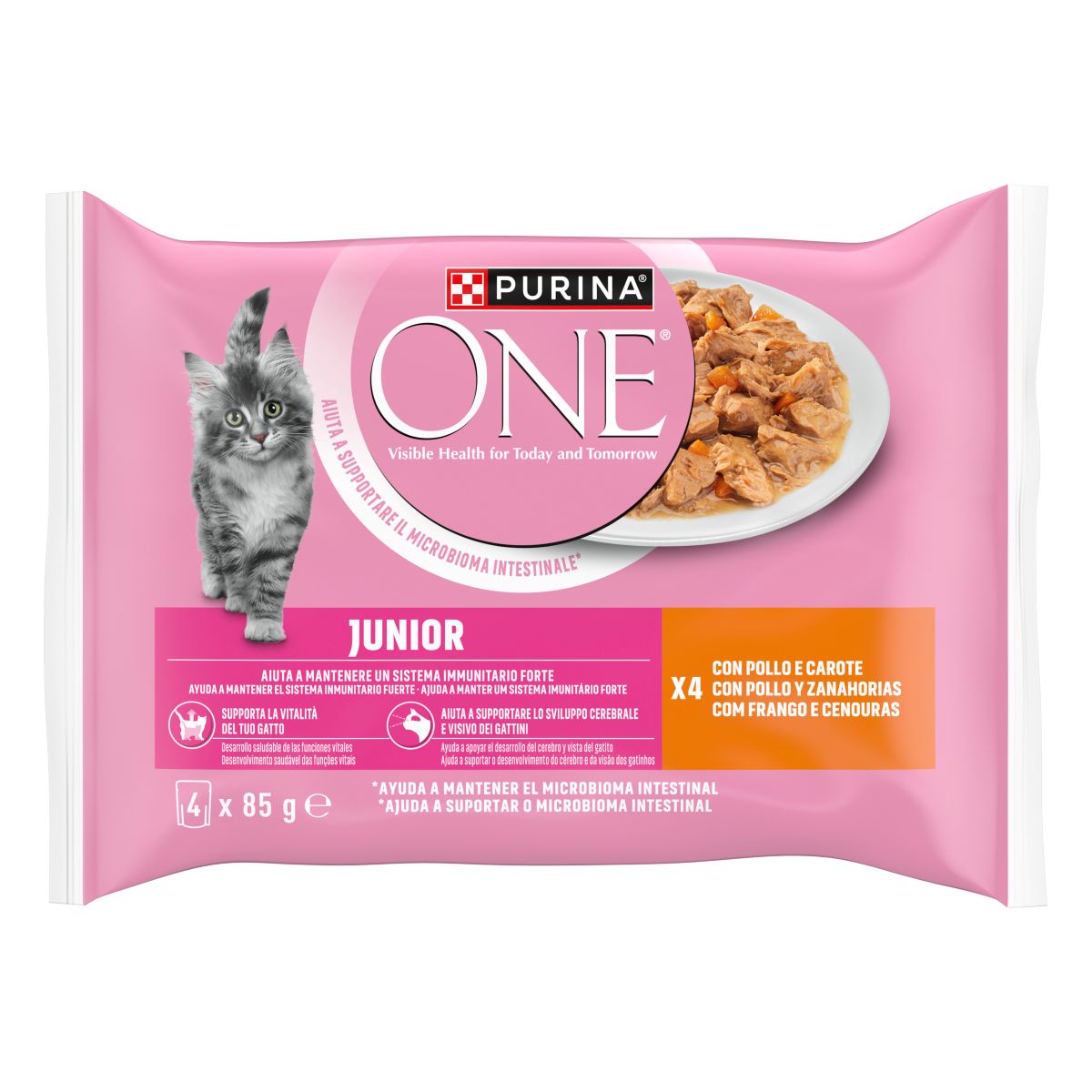 Cibo umido per gattino Junior – Purina ONE® Filettini in Salsa con Pollo e Carote 4x85 g