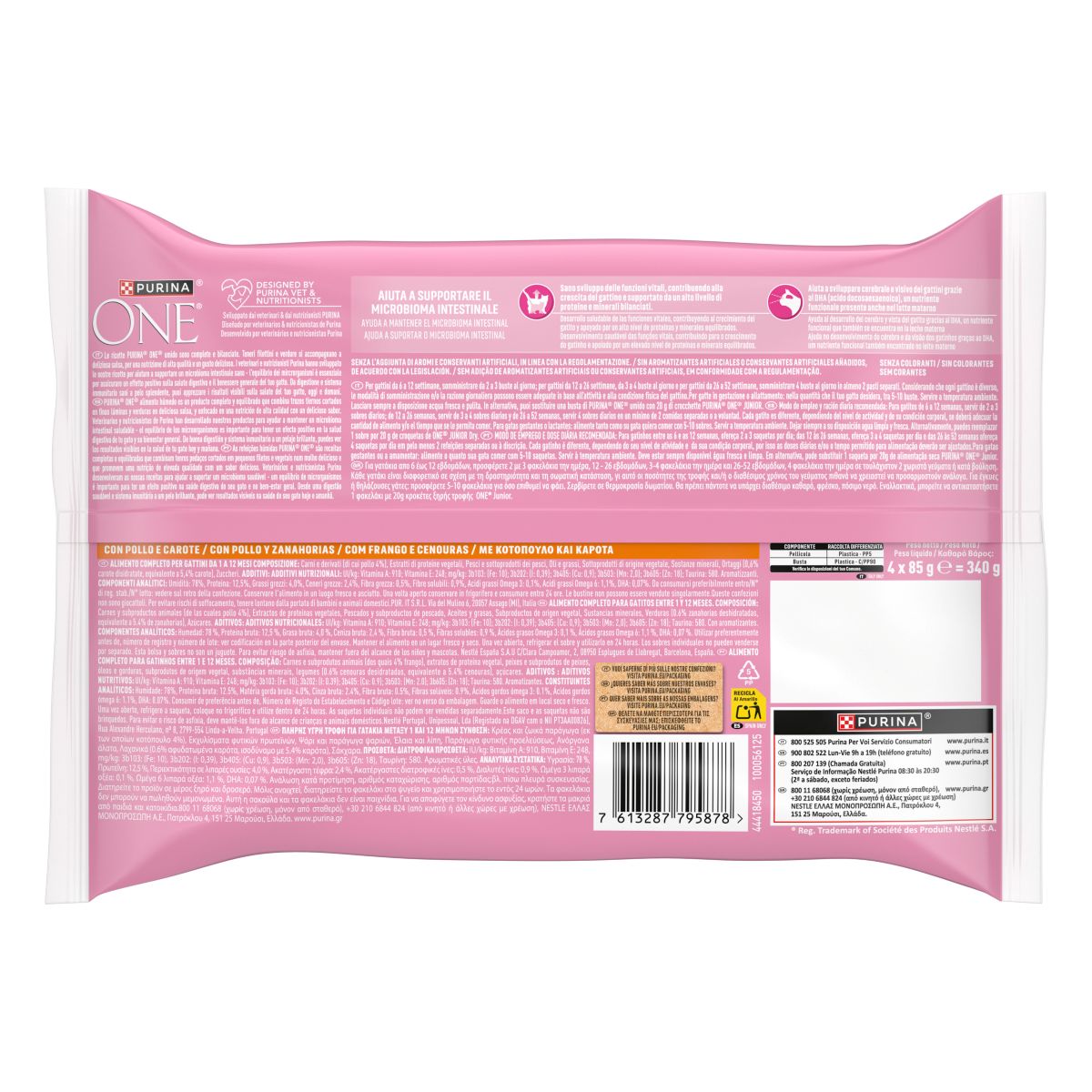 Cibo umido per gattino Junior – Purina ONE® Filettini in Salsa con Pollo e Carote 4x85 g