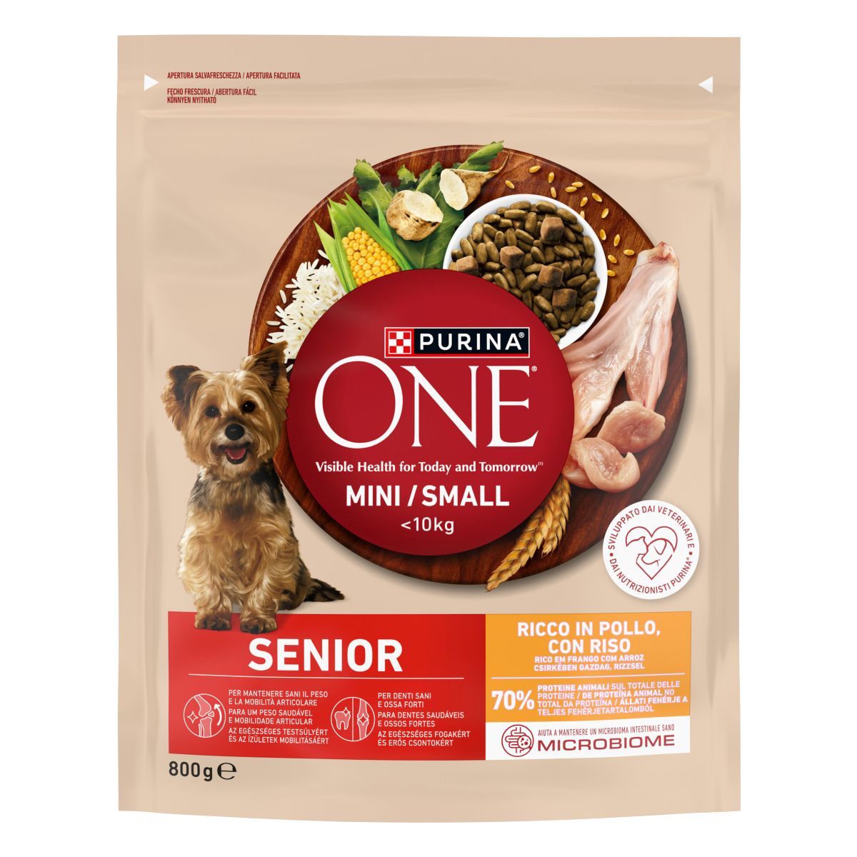 PURINA ONE® ® MINI/SMALL < 10kg Senior 8+, Ricco in Pollo con Riso