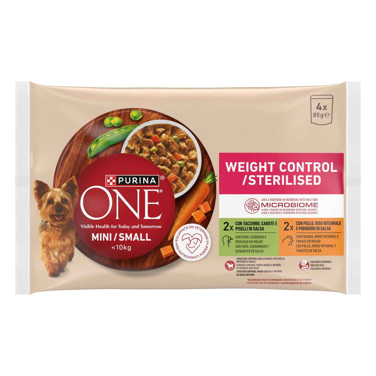 Purina ONE MINI Controllo del peso 85g Tacchino, Carote e Piselli