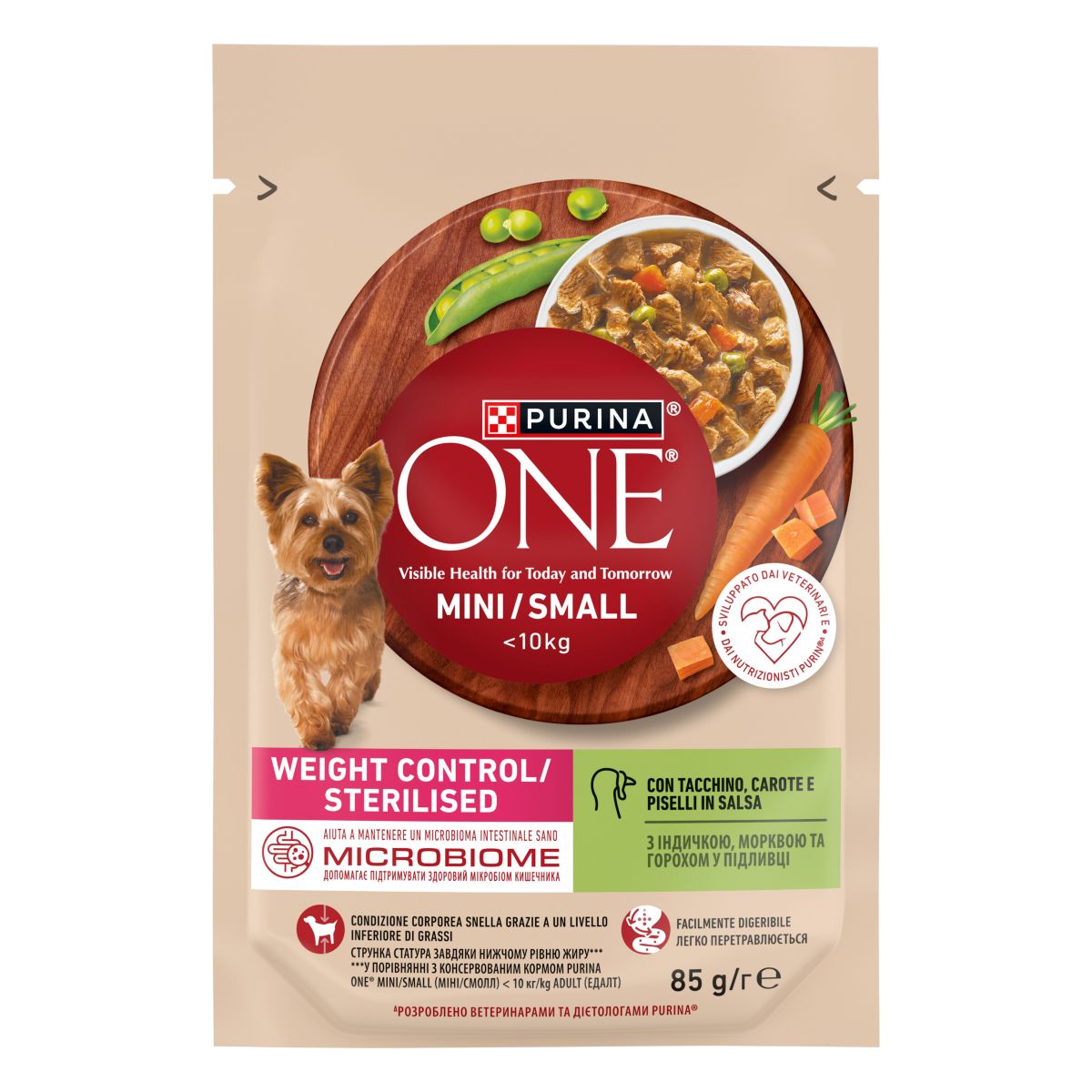 Purina ONE MINI Controllo del peso 85g Tacchino, Carote e Piselli