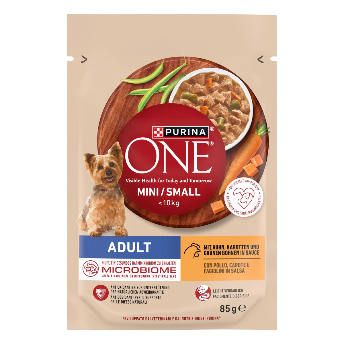 Purina ONE MINI Adult 85g Pollo, Carote e Fagiolini in Salsa