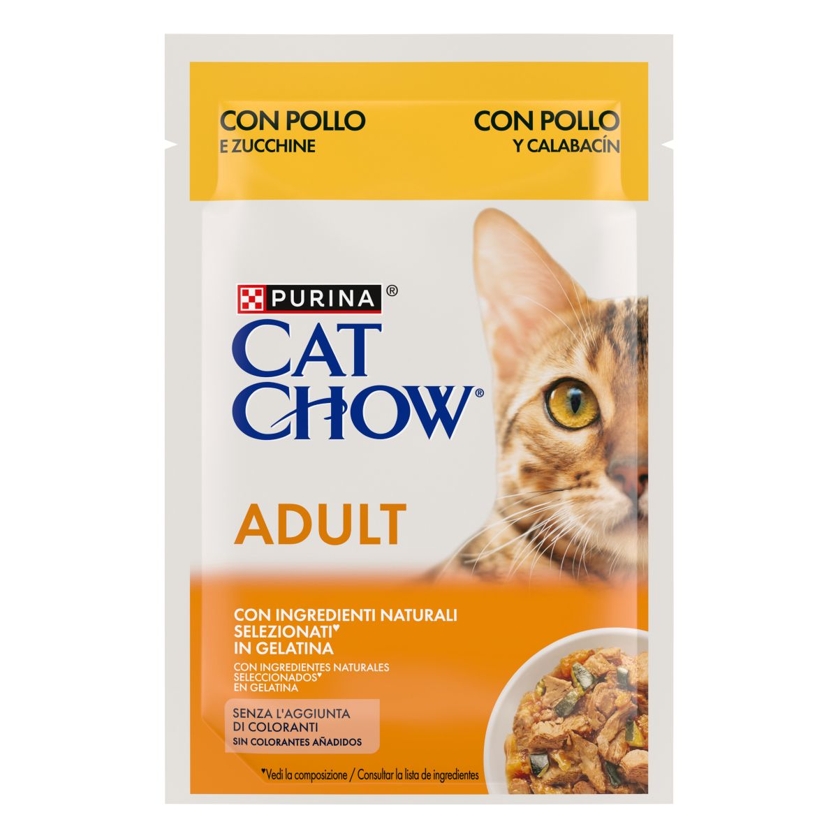Cat Chow® Adult, teneri pezzetti in gelatina con Pollo e Zucchine