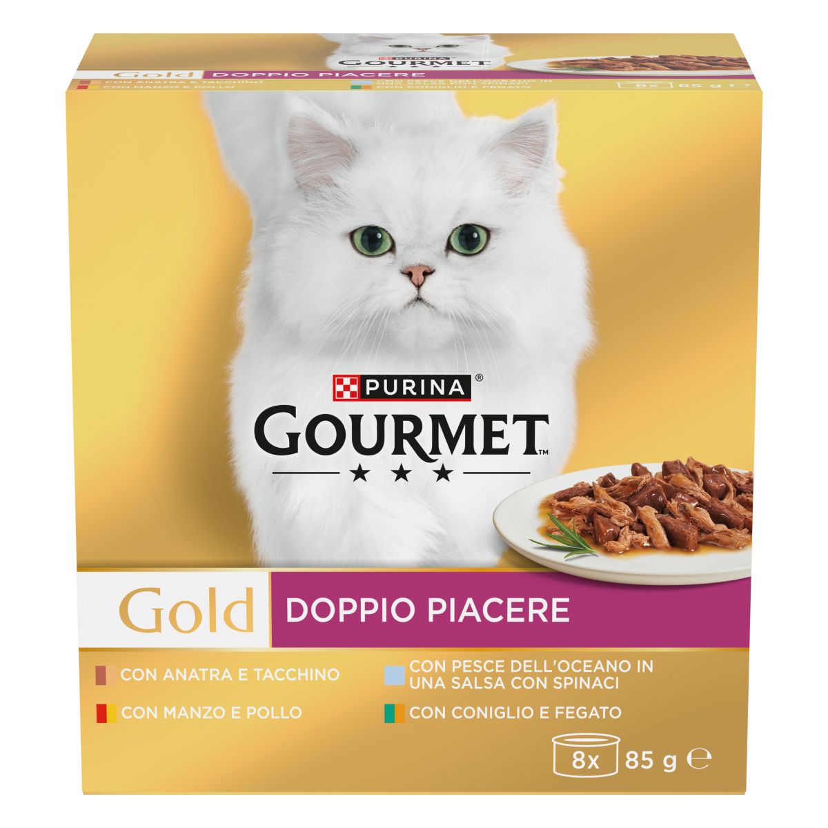 GOURMET® Gold Gatto Doppio Piacere con Manzo e Pollo, Coniglio e Fegato, Pesce dell'Oceano in Salsa con Spinaci, Anatra e Tacchino