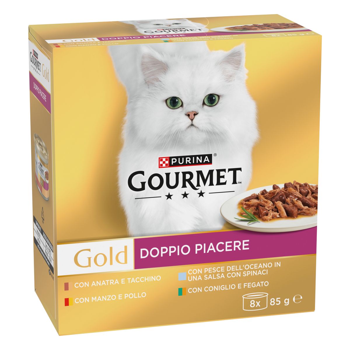GOURMET® Gold Gatto Doppio Piacere con Manzo e Pollo, Coniglio e Fegato, Pesce dell'Oceano in Salsa con Spinaci, Anatra e Tacchino