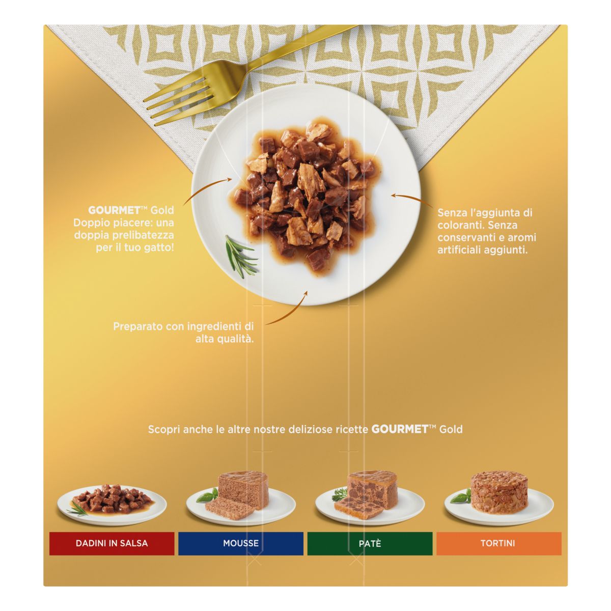 GOURMET® Gold Gatto Doppio Piacere con Manzo e Pollo, Coniglio e Fegato, Pesce dell'Oceano in Salsa con Spinaci, Anatra e Tacchino