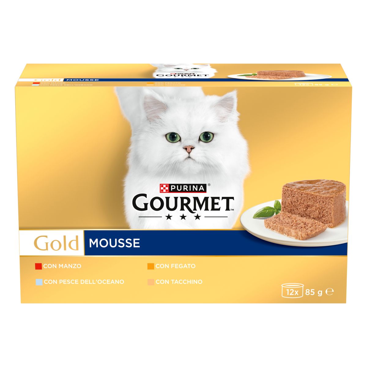 GOURMET® Gold Gatto Mousse con Manzo, Pesce dell'Oceano, Tacchino, Fegato