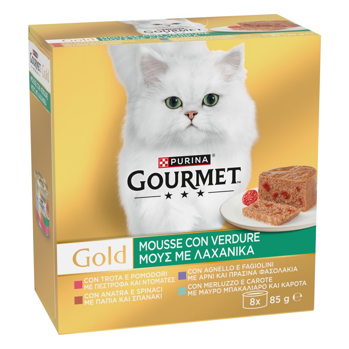 GOURMET® Gold Gatto Mousse con Verdure con Agnello, Anatra, Trota, Merluzzo