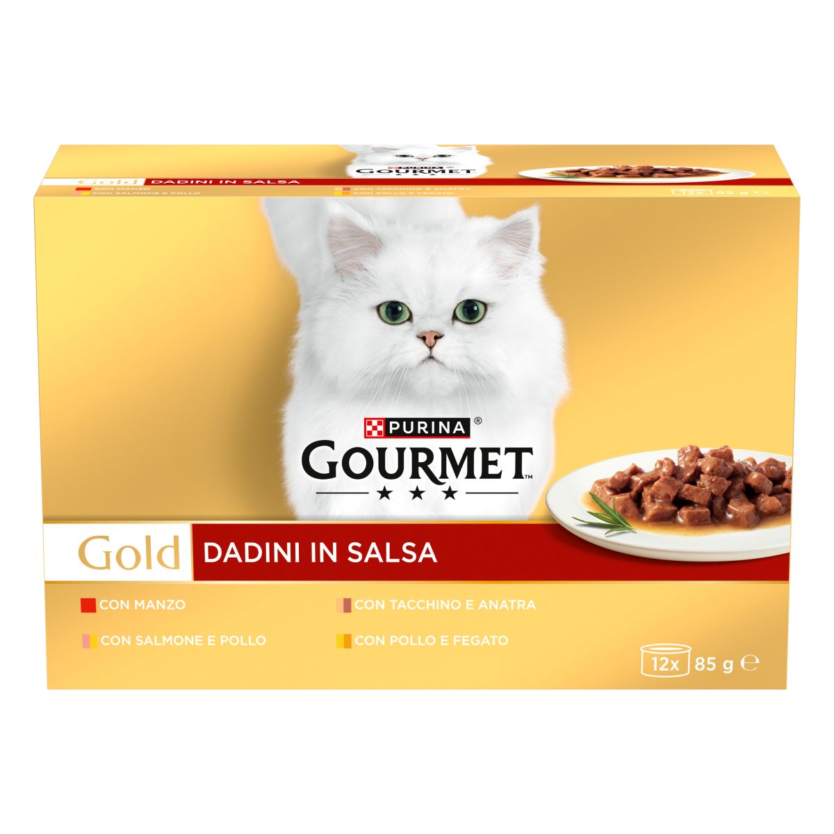 GOURMET® Gold Gatto Dadini in Salsa con Manzo, Salmone e Pollo, Tacchino e Anatra, Pollo e Fegato