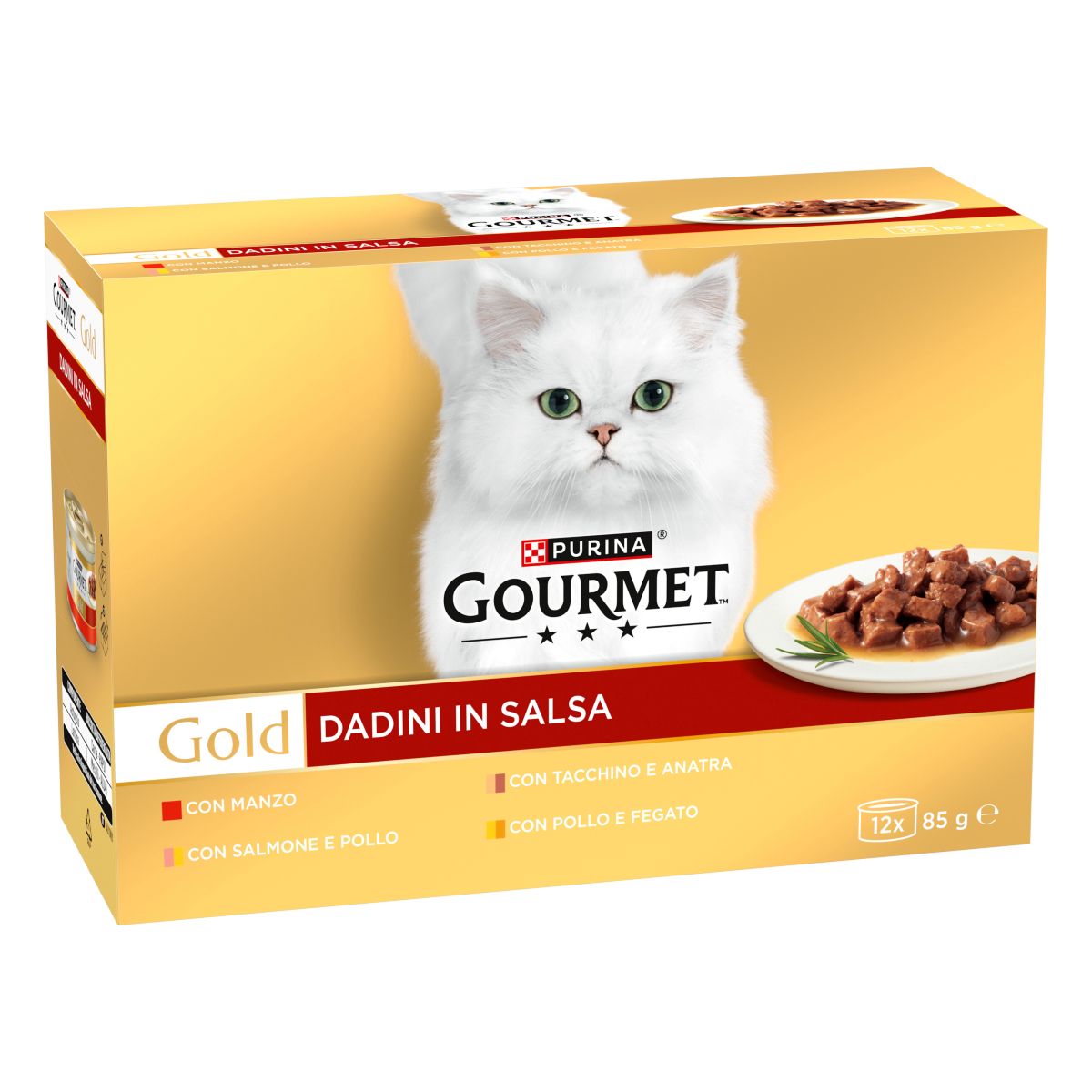 GOURMET® Gold Gatto Dadini in Salsa con Manzo, Salmone e Pollo, Tacchino e Anatra, Pollo e Fegato