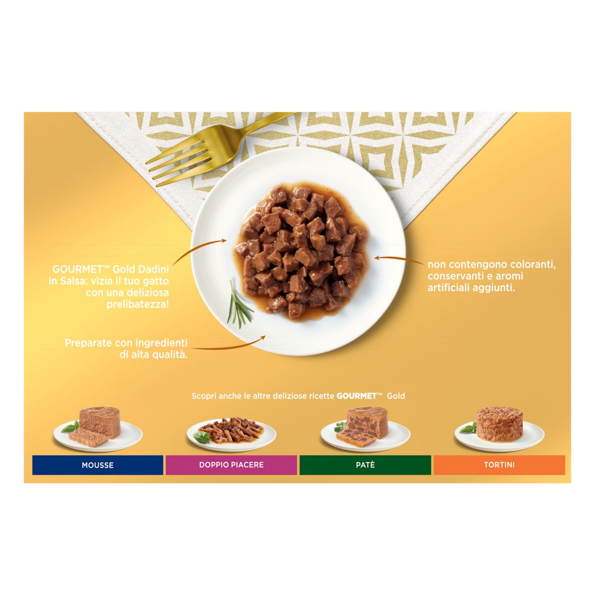 GOURMET® Gold Gatto Dadini in Salsa con Manzo, Salmone e Pollo, Tacchino e Anatra, Pollo e Fegato