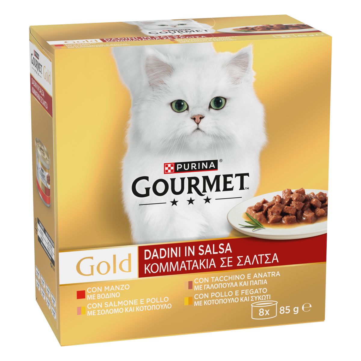 GOURMET® Gold Gatto Dadini in Salsa con Manzo, Tacchino e Anatra, Salmone e Pollo, Pollo e Fegato