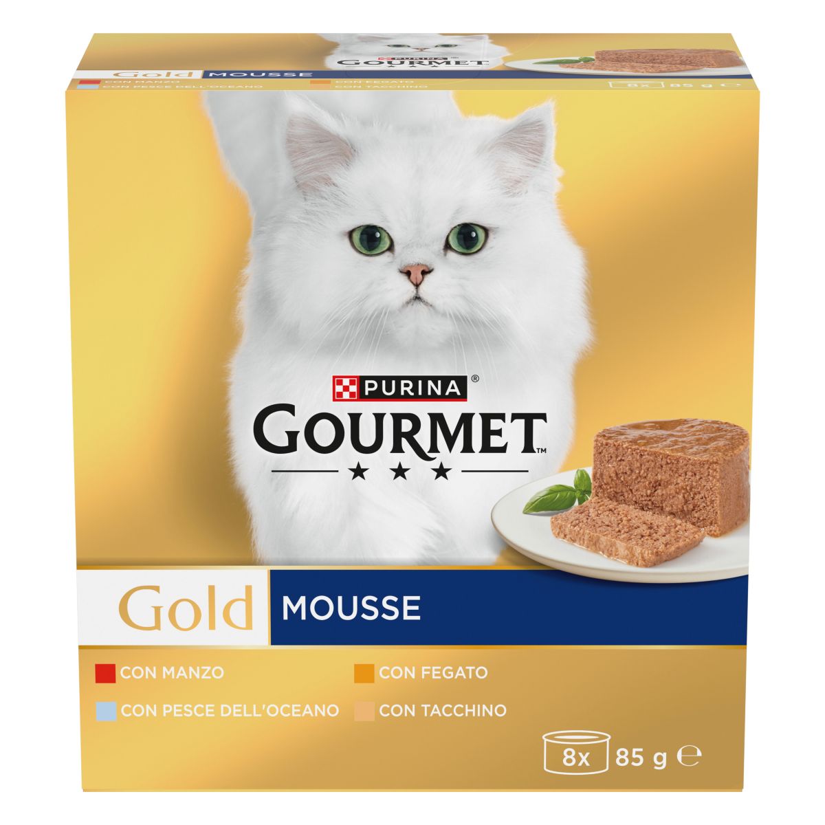 GOURMET® Gold Gatto Mousse con Pesce dell'Oceano, con Fegato, con Tacchino, con Manzo