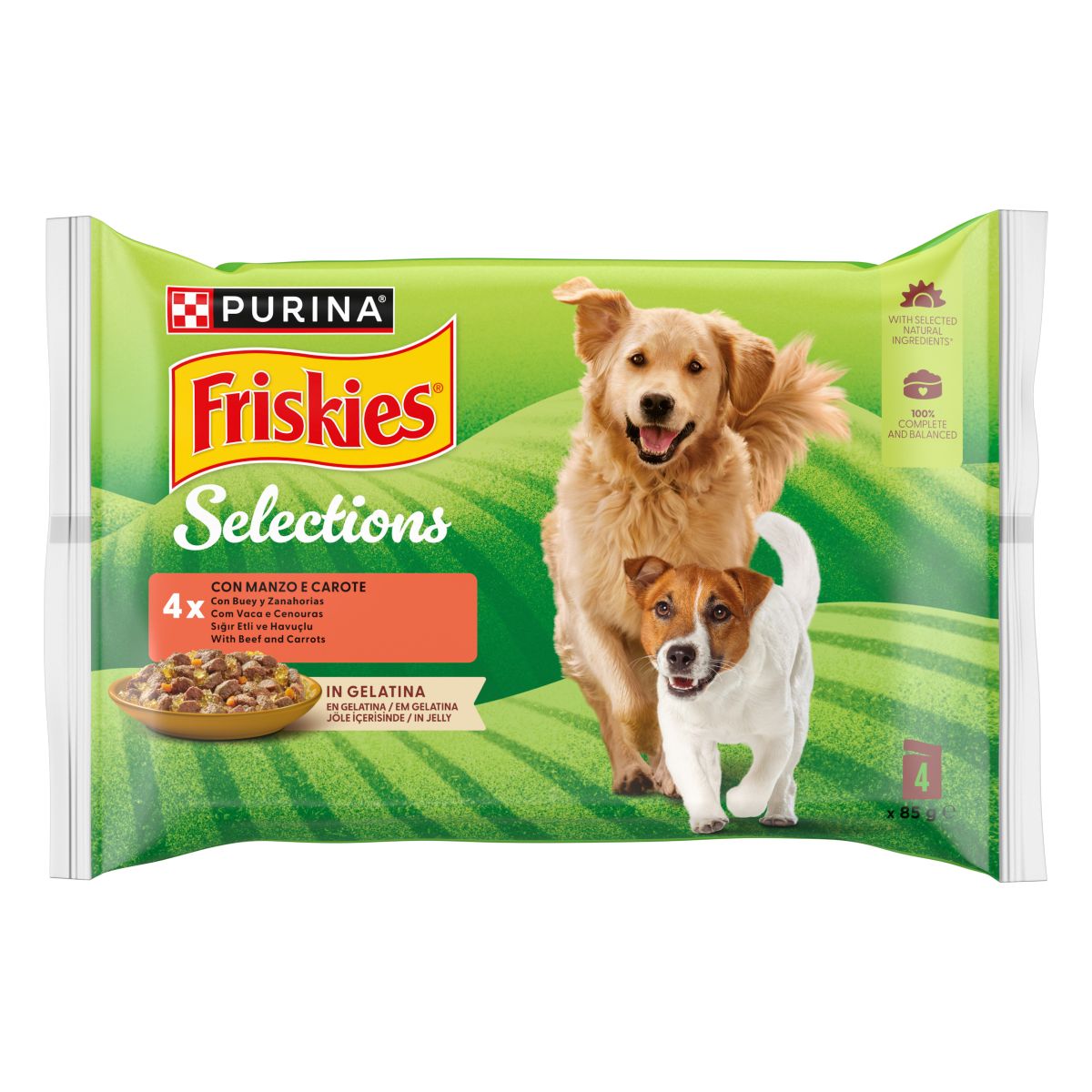 Friskies Buste 4x85g Cane Bocconi in gelatina con Manzo e Carote