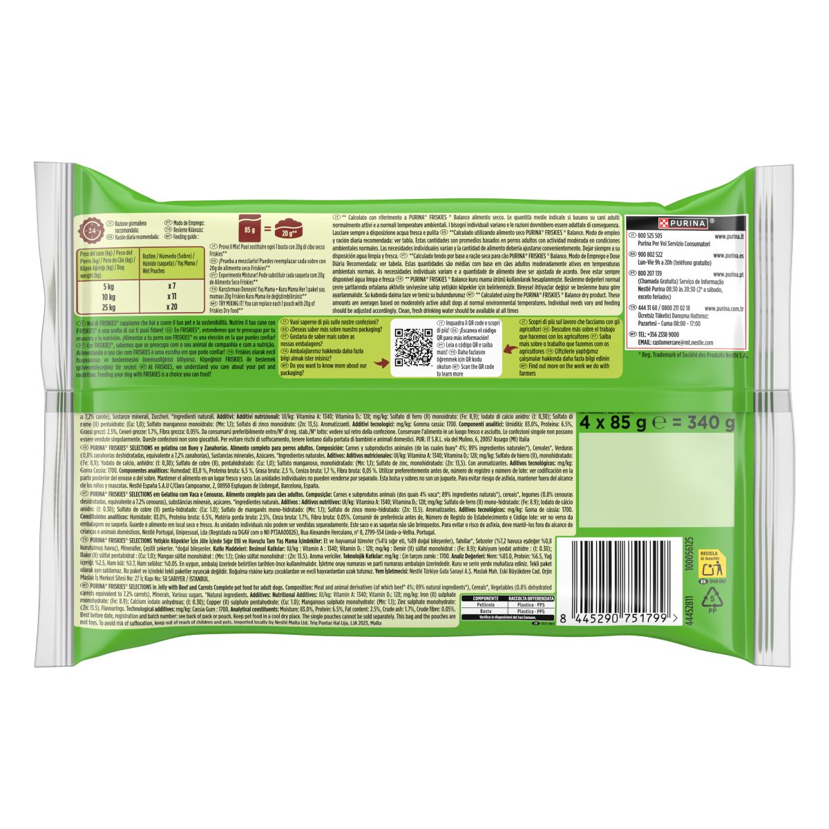 Friskies Buste 4x85g Cane Bocconi in gelatina con Manzo e Carote
