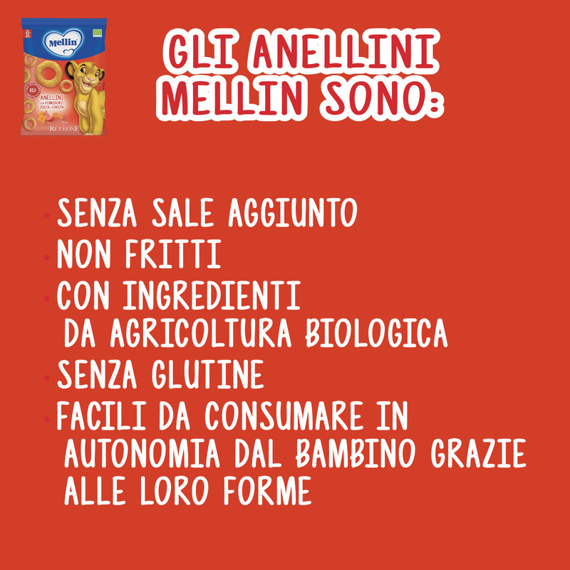 Mellin – Anellini Pomodoro, Zucca e Carota Biologici Disney Il Re Leone confezione da 15 g
