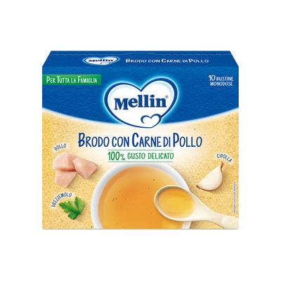Mellin - Brodo con carne di pollo Confezione da 50g  (10 bustine x 5 g)