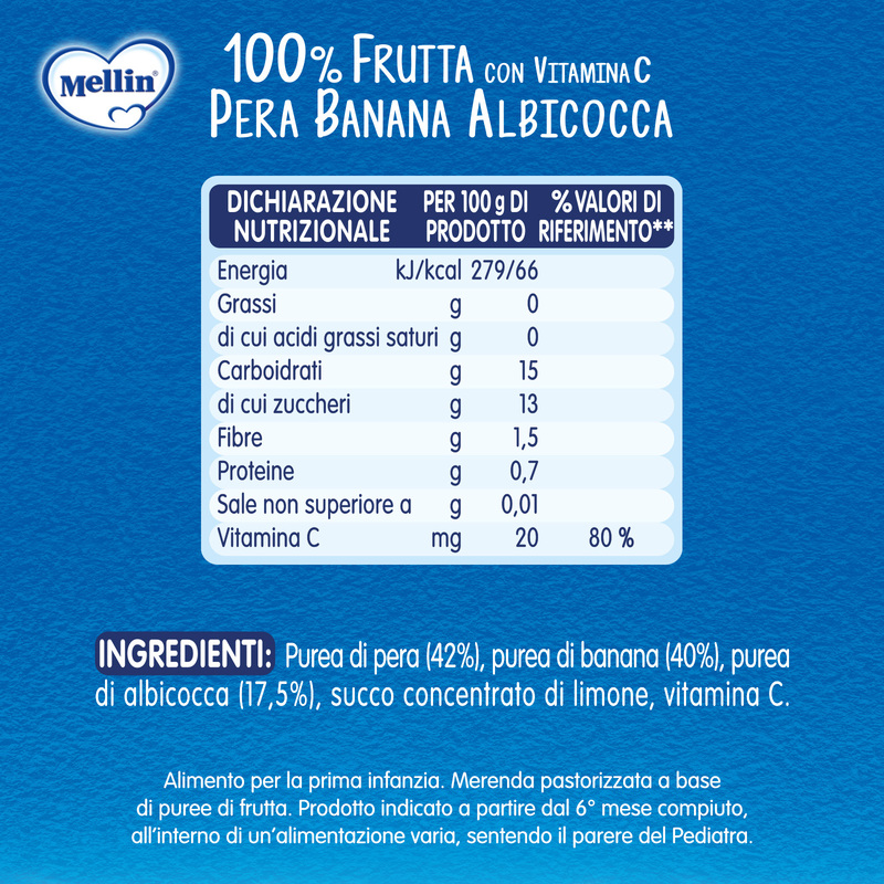 Mellin – Merenda 100% Pera, Banana, Albicocca con Vitamina C confezione da 90 g
