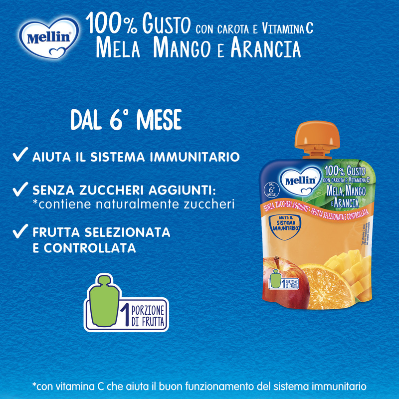Mellin – Merenda 100% Mela, Mango e Arancia con Vitamina C e Carota confezione da 90 g
