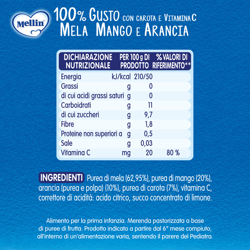 Mellin – Merenda 100% Mela, Mango e Arancia con Vitamina C e Carota confezione da 90 g
