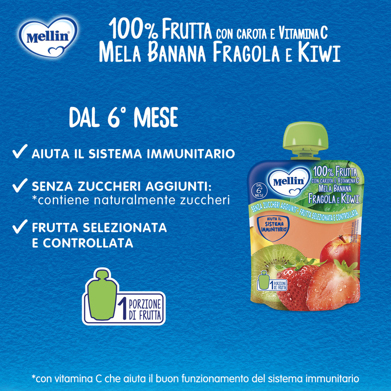 Mellin – Merenda 100% Mela, Banana, Fragola, Kiwi e Carota con Vitamina C confezione da 90 g
