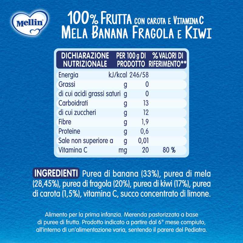 Mellin – Merenda 100% Mela, Banana, Fragola, Kiwi e Carota con Vitamina C confezione da 90 g
