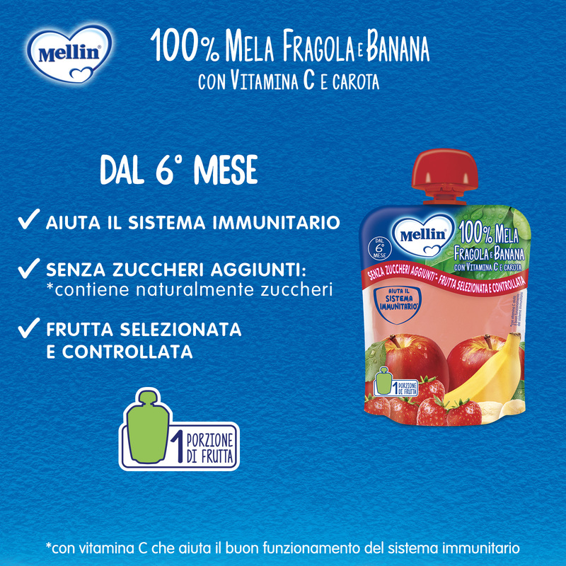Mellin – Merenda 100% Mela, Fragola e Banana con Vitamina C e Carota confezione da 90 g
