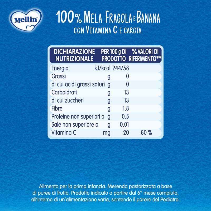 Mellin – Merenda 100% Mela, Fragola e Banana con Vitamina C e Carota confezione da 90 g

