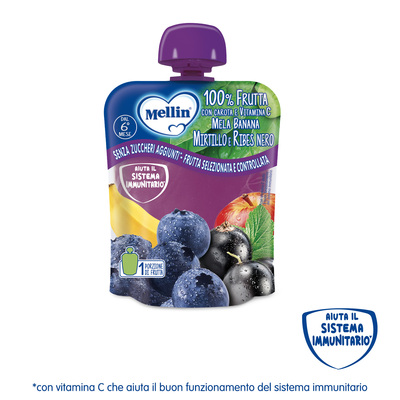 Mellin – Merenda 100% Mela, Banana, Mirtillo e Ribes Nero con Vitamina C e Carota confezione da 90 g

