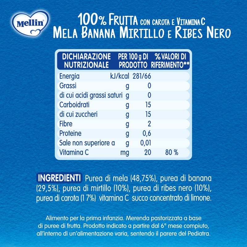 Mellin – Merenda 100% Mela, Banana, Mirtillo e Ribes Nero con Vitamina C e Carota confezione da 90 g
