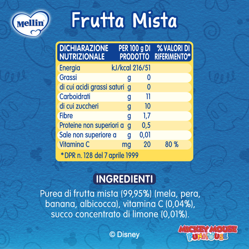 Mellin - Merenda Disney Mickey Mouse 100% Frutta Mista con Vitamina C Confezione da 110g