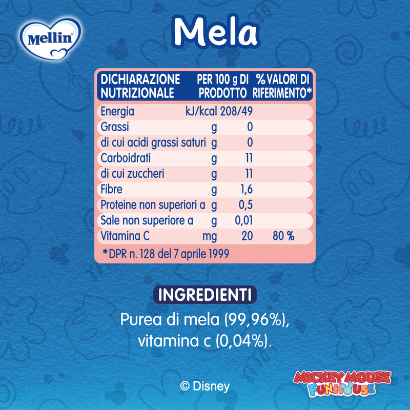 Mellin - Merenda Disney Mickey Mouse 100% Frutta Mela con Vitamina C Confezione da 110g