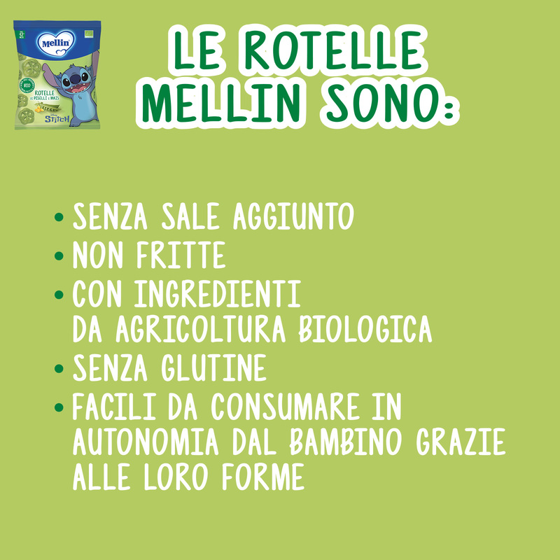 Mellin – Rotelle Piselli e Mais Biologiche Disney Stitch confezione da 20 g
