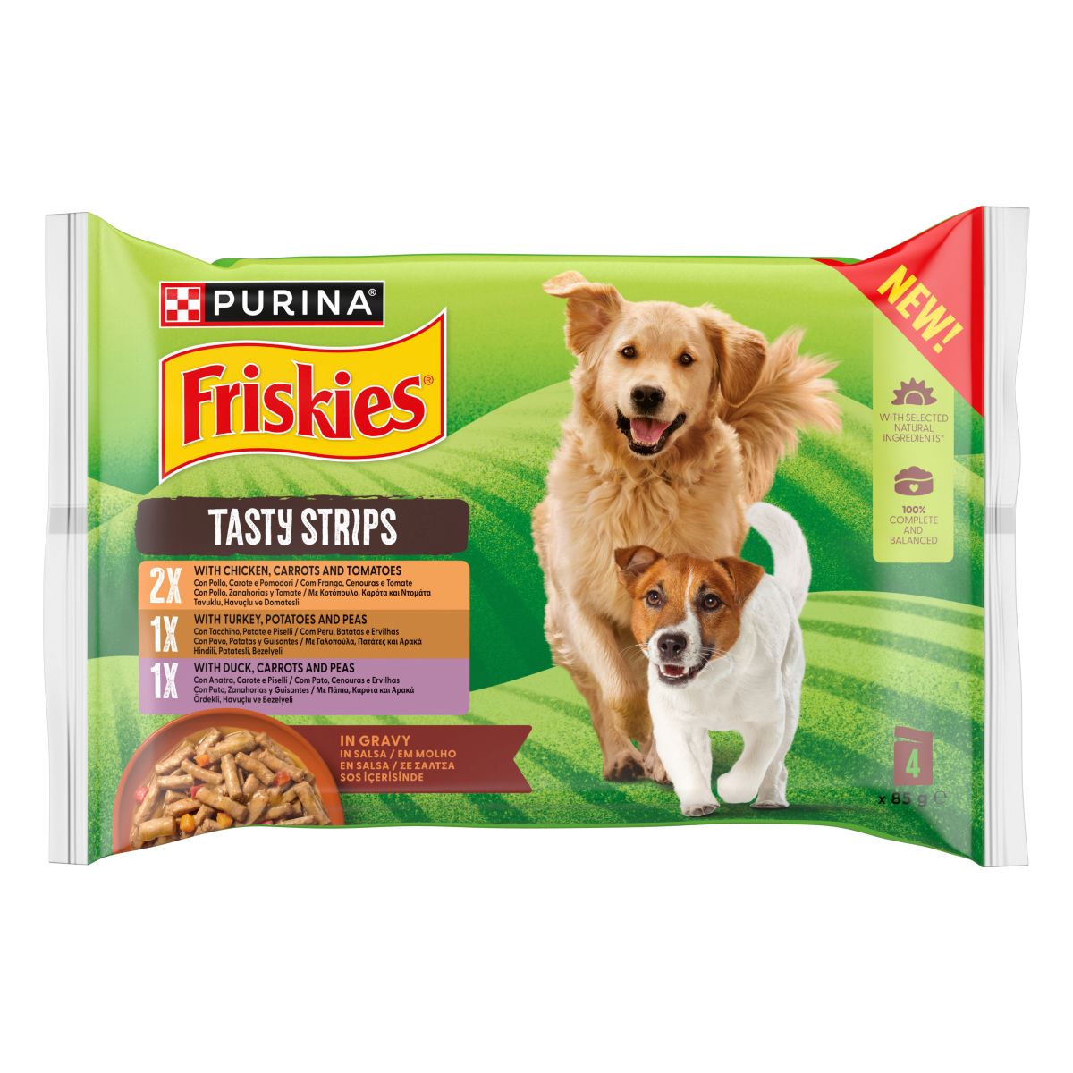 PURINA® FRISKIES® Tasty Strips con Pollo, Carote e Pomodori in salsa Multipack 4x85g
