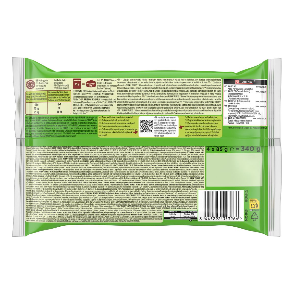 PURINA® FRISKIES® Tasty Strips con Pollo, Carote e Pomodori in salsa Multipack 4x85g
