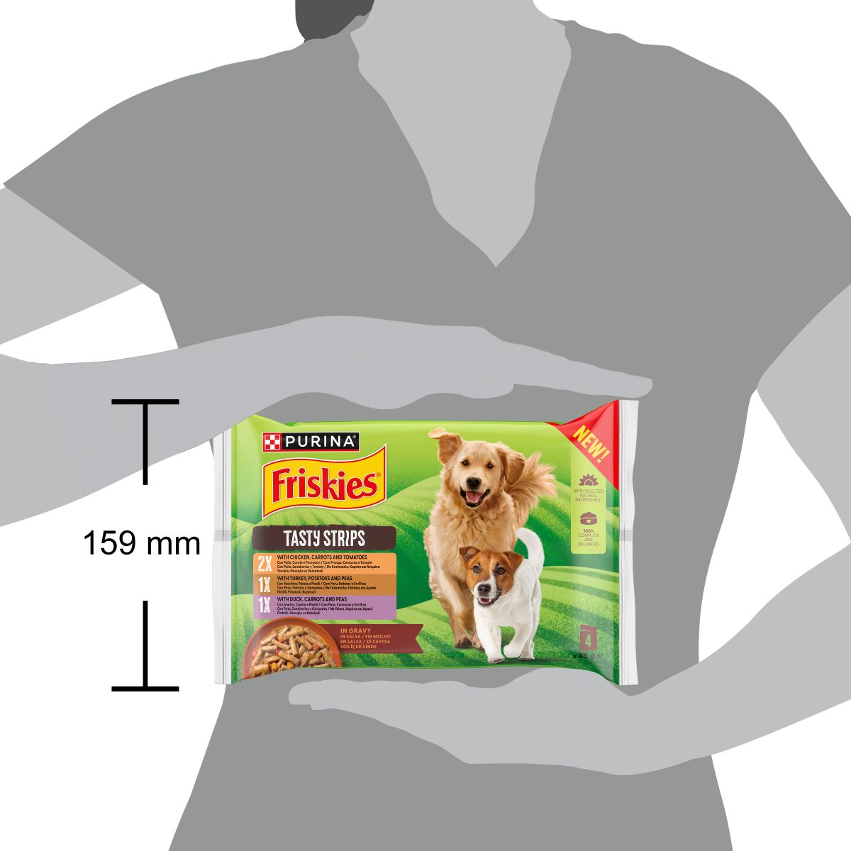 PURINA® FRISKIES® Tasty Strips con Pollo, Carote e Pomodori in salsa Multipack 4x85g

