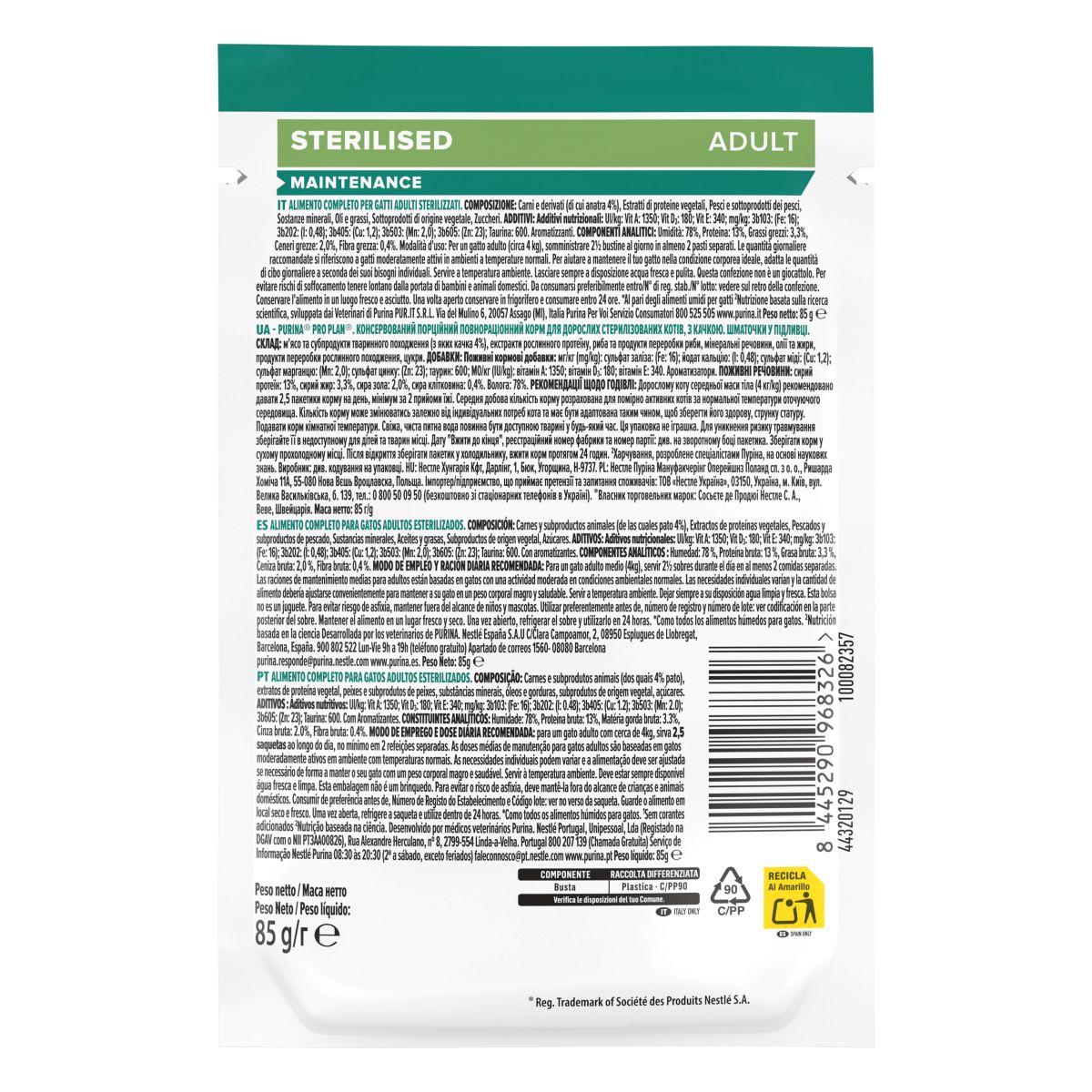 PURINA PRO PLAN WET CAT STERILISED  teneri pezzetti in salsa con Anatra