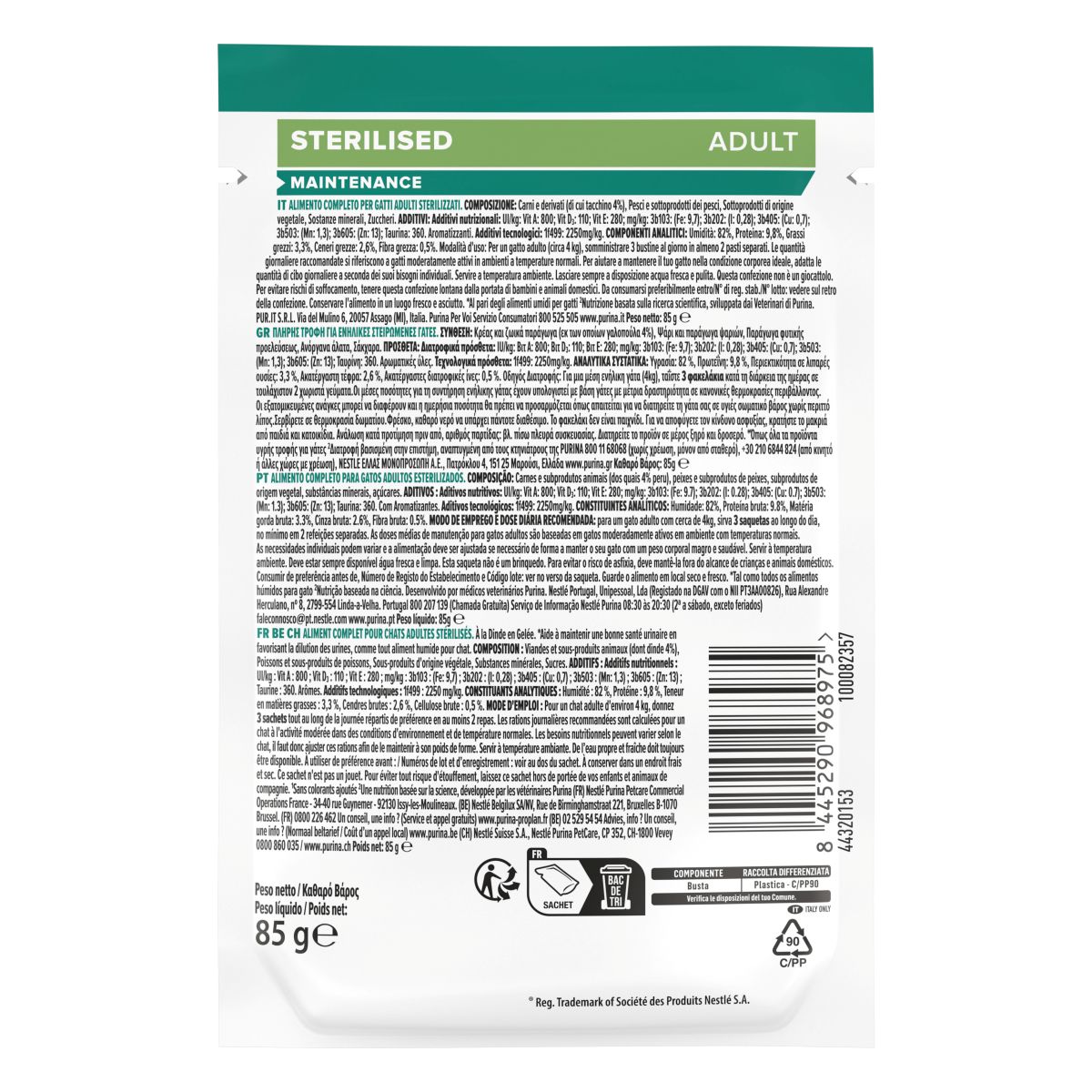 PURINA PRO PLAN WET CAT STERILISED teneri pezzetti in gelatina con Tacchino