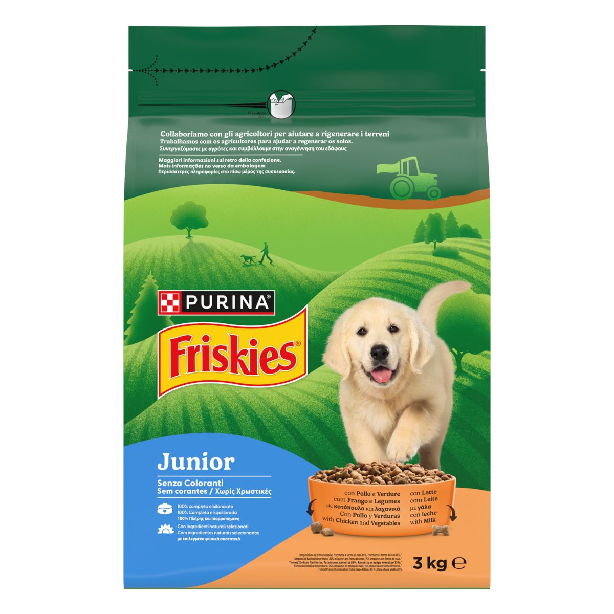 PURINA FRISKIES® Junior crocchette per cani con Pollo, Verdure e con Latte