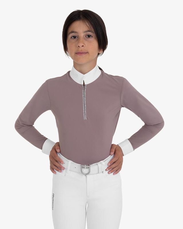Girls' long-sleeved competition polo shirt with rhinestones